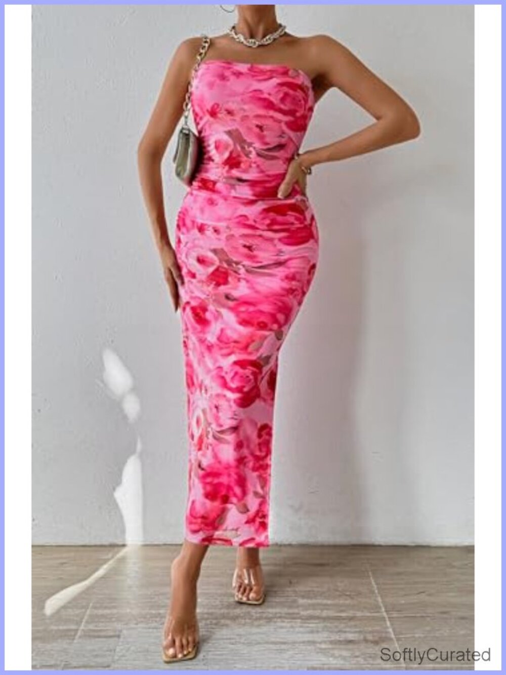 Strapless Bodycon Floral Maxi Dress with Slit, Ruched, Stretchy - Picture 2 of 6